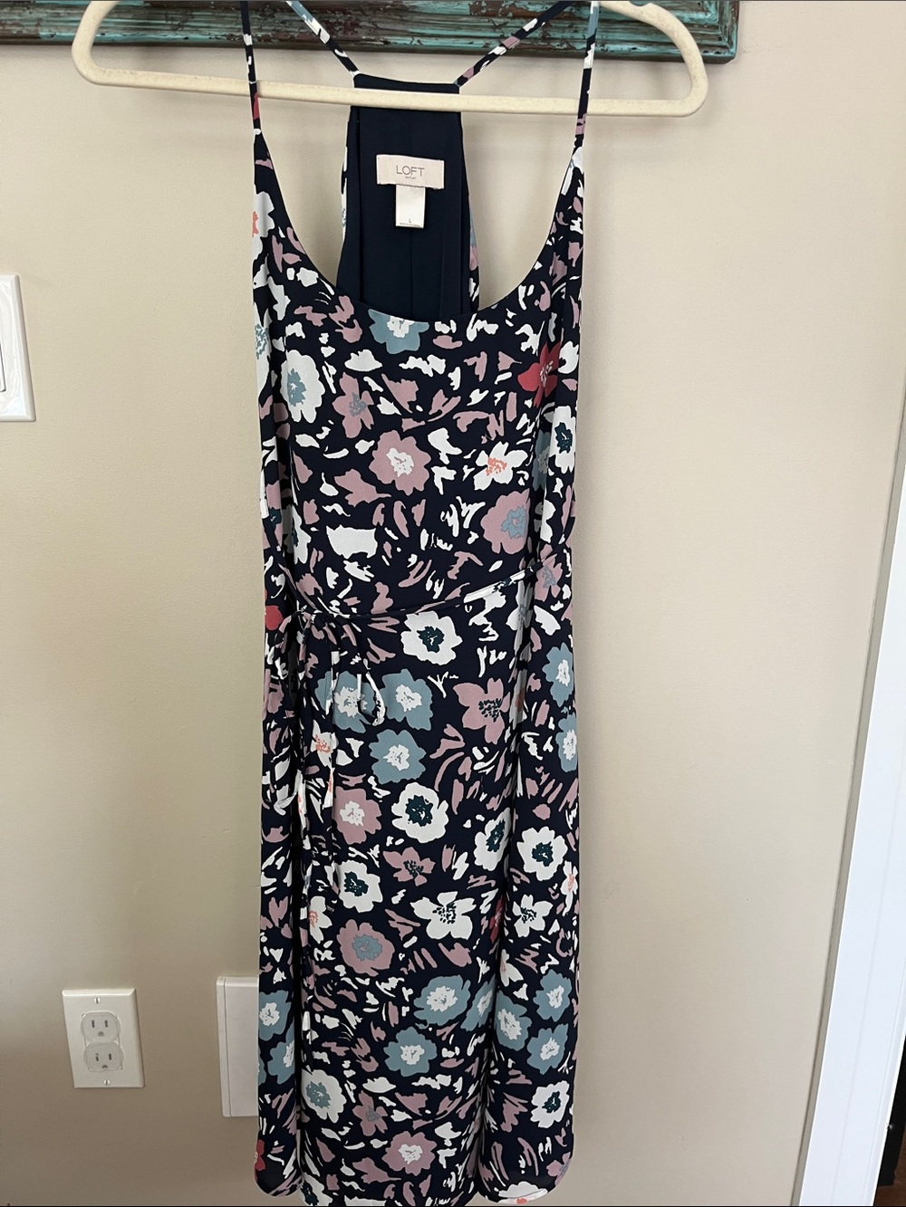LOFT Navy Floral Midi Dress with Pink and Light Blue Blooms